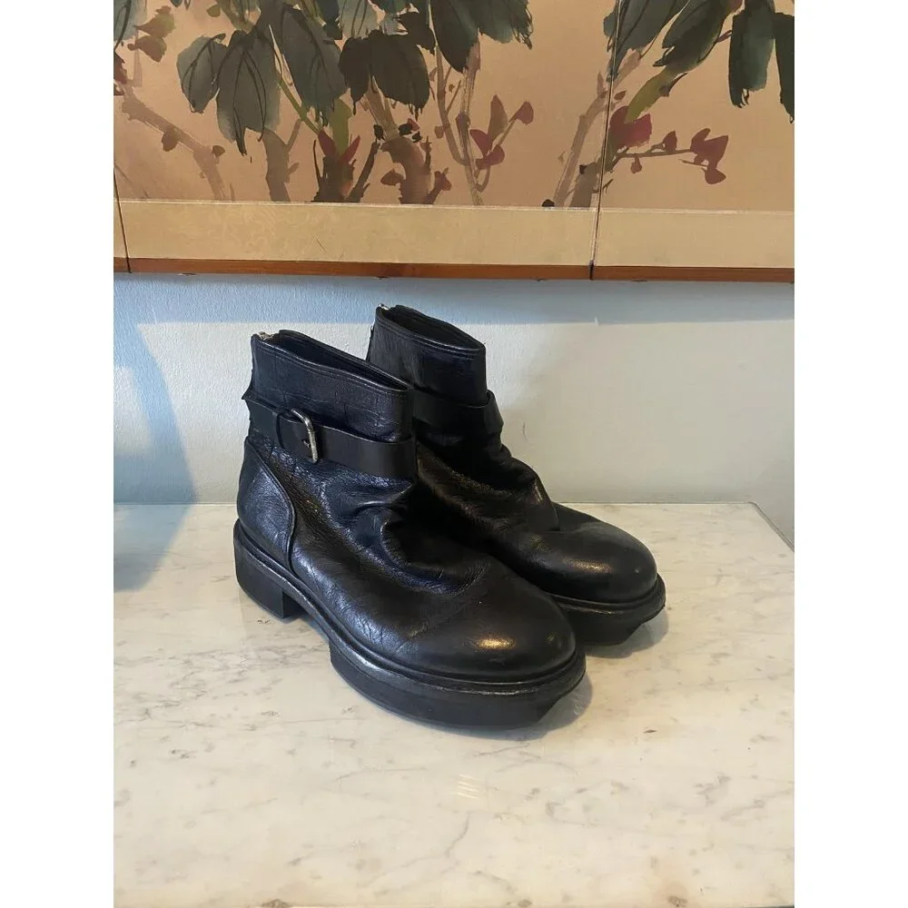 Premiata Boots Mens Size 7 Black Leather Biker Buckle Strap Zip Made In Italy